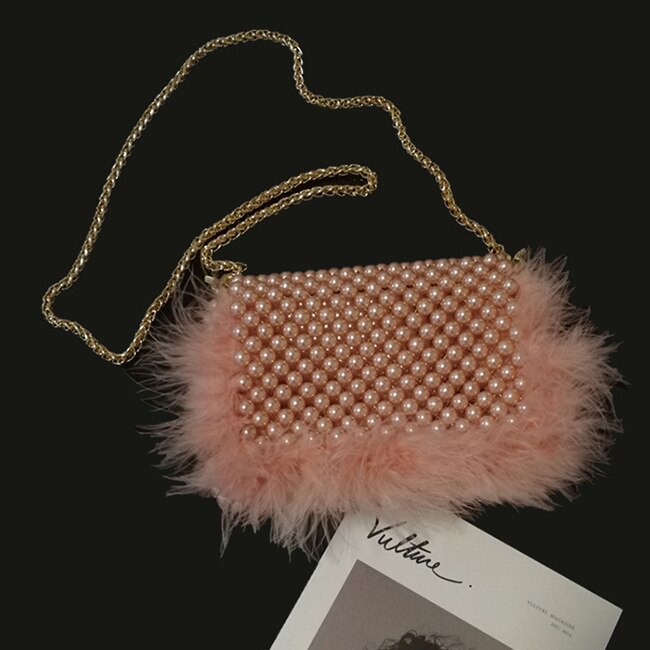 Faux Fur Pearl Evening Clutch Bag Women Handmade Pink Beaded Cover Dinner Party Purses Handbag Female Popular Cute Shoulder Bag
