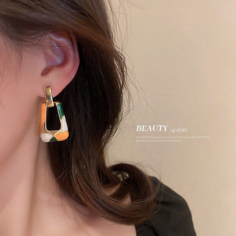 Minar Trapezoid Colorful Enamel Earring for Women Hollow Geometric Long Dangle Earrings Korean Style Party Jewelry
