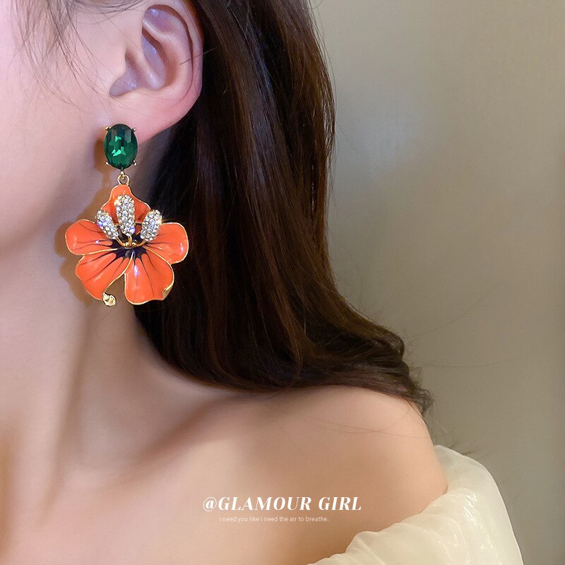 Minar Exquisite Orange Color Enamel Flowers Earring for Women Spark Rhinestone Floral Hanging Drop Earrings Party Daily Jewelry