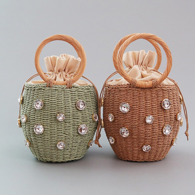 Handmade Rhinestone Crystal Embellished Straw Bag Small Straw Bucket Bags Lady Travel Purses and Handbags