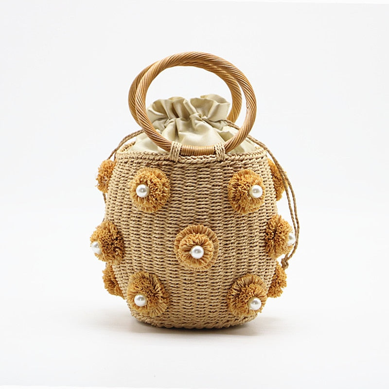 Handmade Rhinestone Crystal Embellished Straw Bag Small Straw Bucket Bags Lady Travel Purses and Handbags