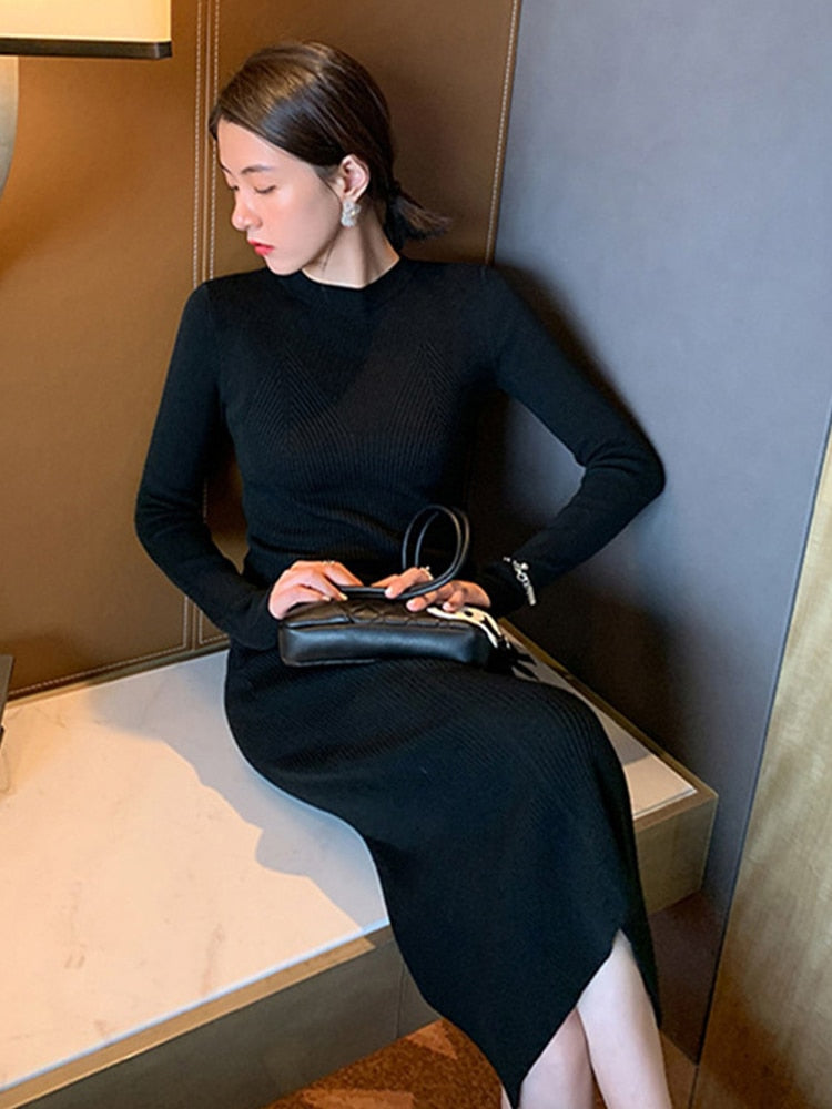 Women Fashion Simple Slim Dress Long Sleeve Solid O-Neck Woman Knitted Dress Autumn Vintage Mid-Calf Skinny Dress