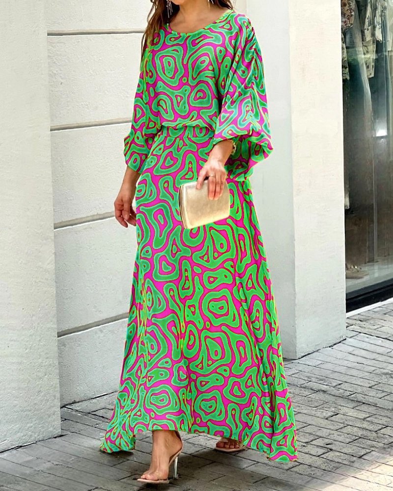 Women's Summer New Loose Plus Size Printed Long Sleeve Tops High Waiste Half-Length Skirt Suits