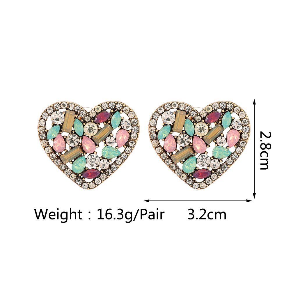 Korean Fashion Heart Metal Hollow Stud Earrings For Women Girl Luxury Bling Color Crystal Party Jewelry Aesthetic Accessories