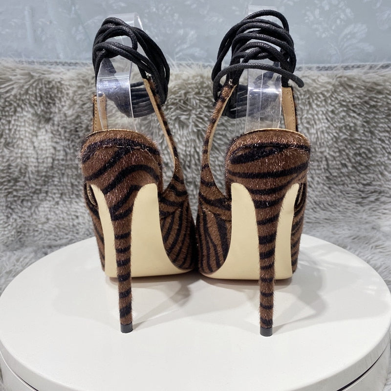 Dark Brown Hairy Zebra Women Pointed Toe Ankle Strap Slingbacks Stiletto Pumps Sexy Ladies Comfortable High Heel Shoes