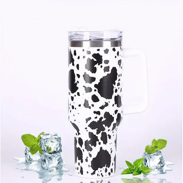 Cow Print Insulated Tumbler With Lid And Straw,Stainless Steel Coffee Tumbler with Handle,Double Vacuum Leak Proof Mug