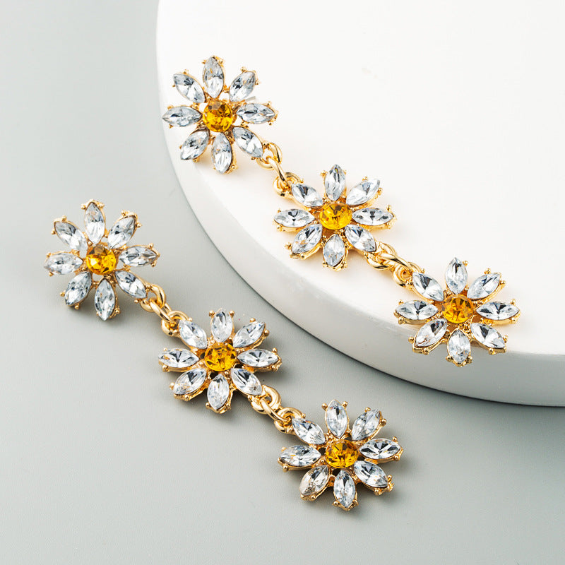 Personality Exaggerated Multi-Layer Alloy Inlaid Rhinestone Flower Earrings Ladies Long Temperament New Earrings