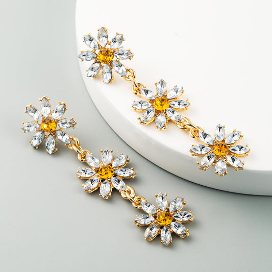 Personality Exaggerated Multi-Layer Alloy Inlaid Rhinestone Flower Earrings Ladies Long Temperament New Earrings
