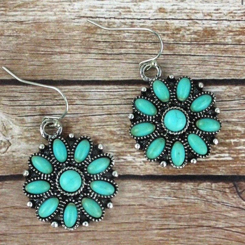 European and American Retro Ethnic Style Inlaid Turquoise Water Drop Alloy Earrings Exaggerated Personality Flower Earrings