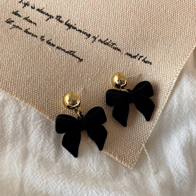 French retro black plush bow earrings female Korean personality all-match simple temperament fashion earrings