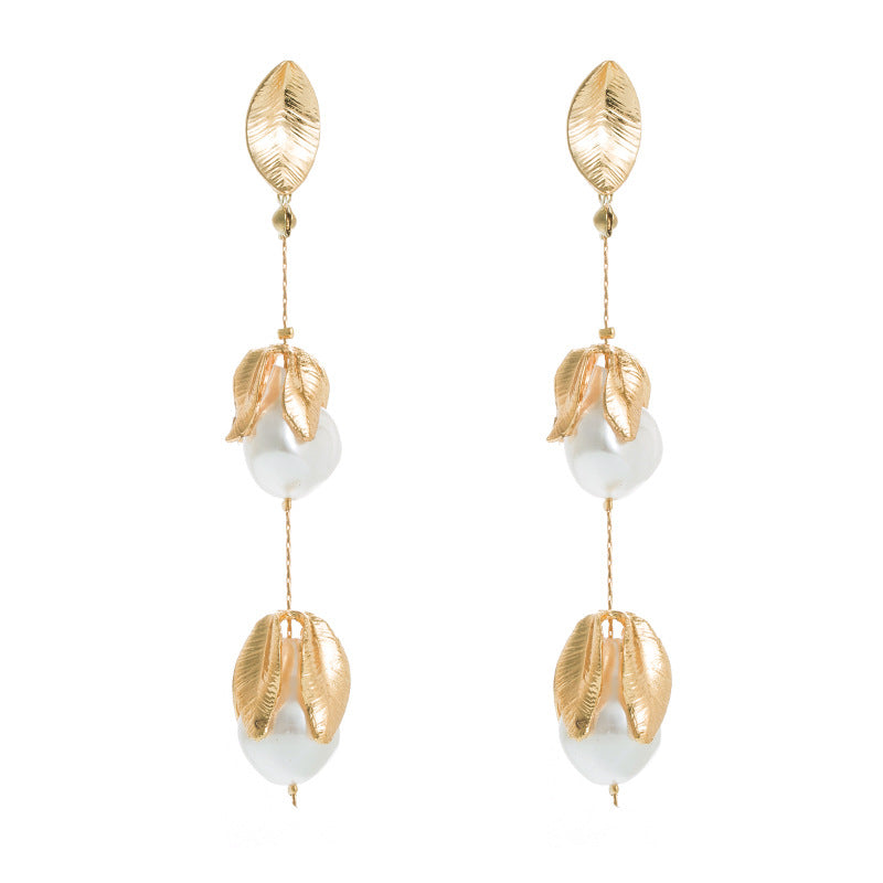 ZA Same Style Simple Artistic Temperament Artificial Pearl Petal Shaped Earrings Long Women's Dress Decorative Earrings