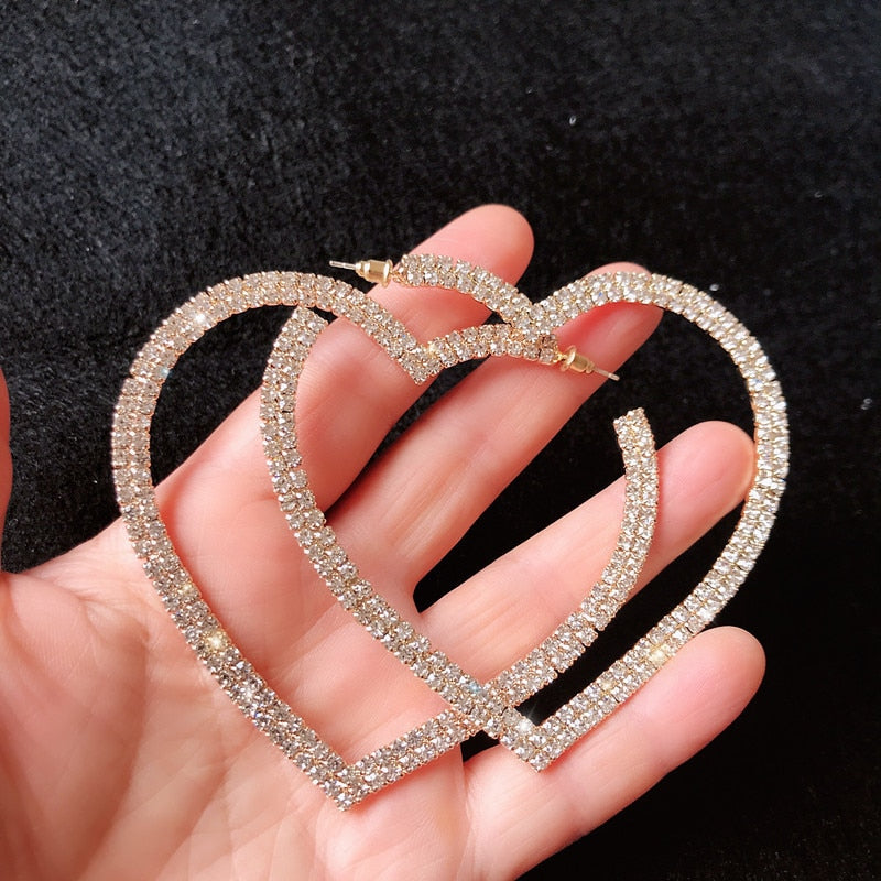 Fashion Big Heart Crystal Hoop Earrings for Women Bijoux Geometric Rhinestones Earrings Statement Jewelry Gifts