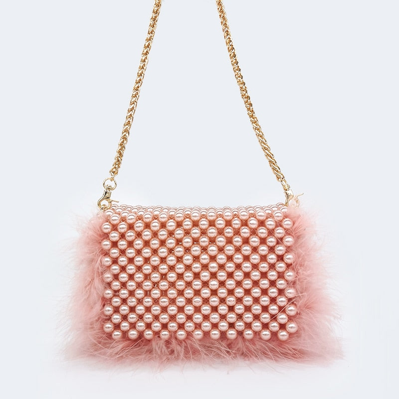 Faux Fur Pearl Evening Clutch Bag Women Handmade Pink Beaded Cover Dinner Party Purses Handbag Female Popular Cute Shoulder Bag