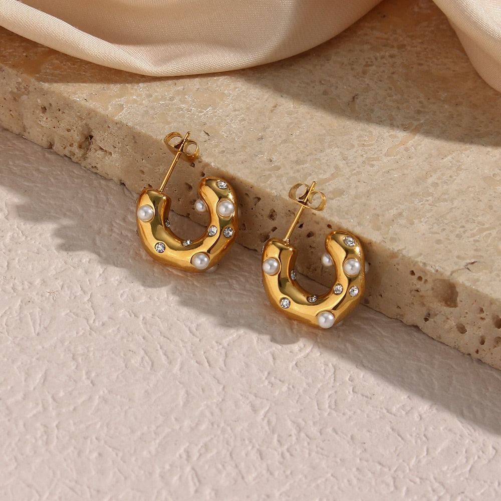 New Chunky Stainless Steel Gold Plated Earrings For Women Irregular Pearl Zircon Paved Thick Statement Earring Jewelry