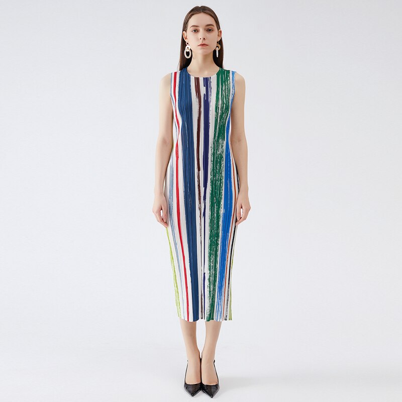 Pleated Striped Print Long Dress Jacket Two Piece Sets Korean Fashion Women Formal Dress Suits