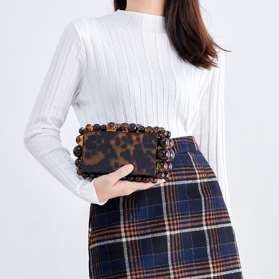 Women Clear Acrylic Box Evening Clutch Bags For Wedding Party Luxury Gold Foil Beads Purses And Handbags Designer High Quality