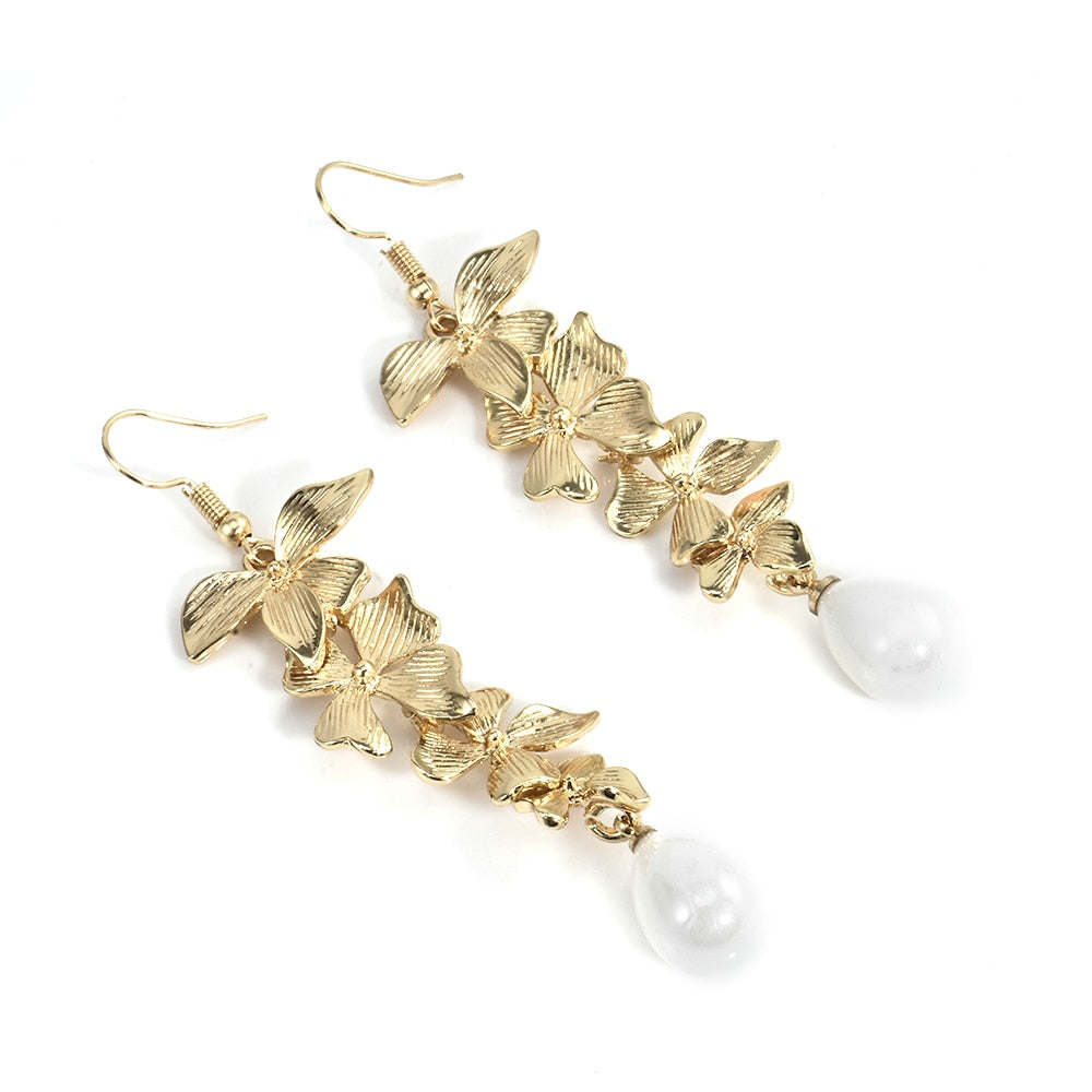 Women Lady Gold Orchid Matte Flower Pendant Long Dangle Hook Earrings Jewelry Gift