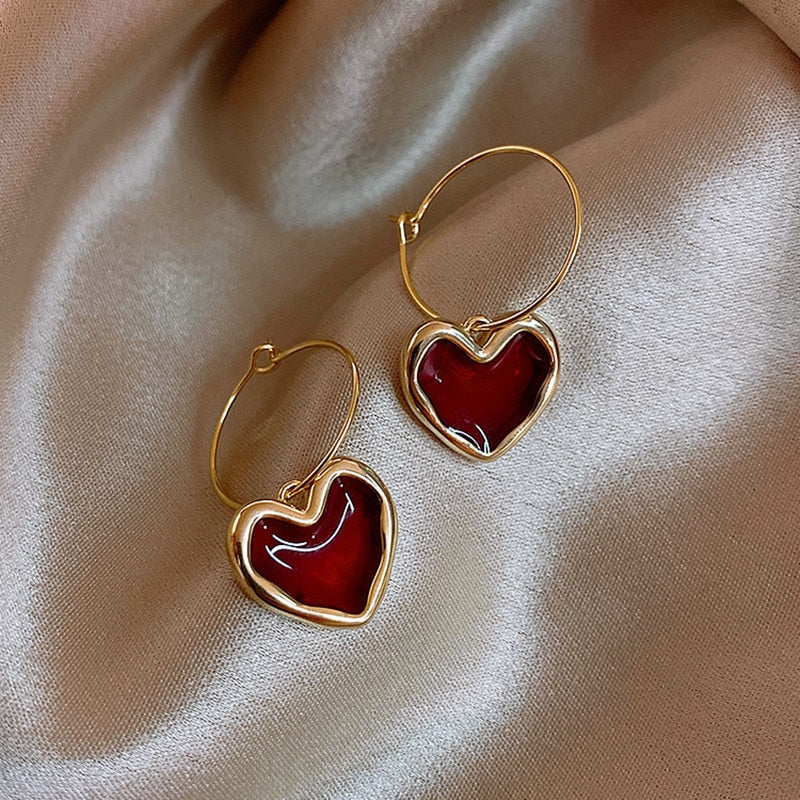 New trendy wine red love earrings simple temperament net red wild personality earrings ear jewelry