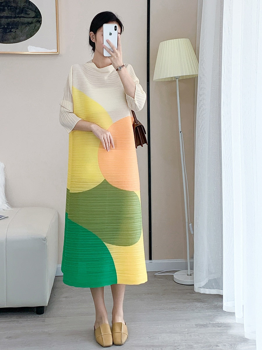 Pleated Dress For Women Long Sleeves Turtleneck Color Block Print Loose Fashion Dresses Female Party Clothing