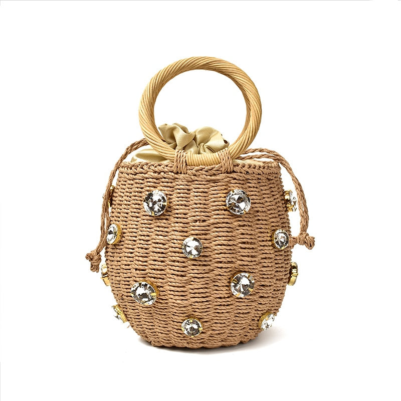 Handmade Rhinestone Crystal Embellished Straw Bag Small Straw Bucket Bags Lady Travel Purses and Handbags