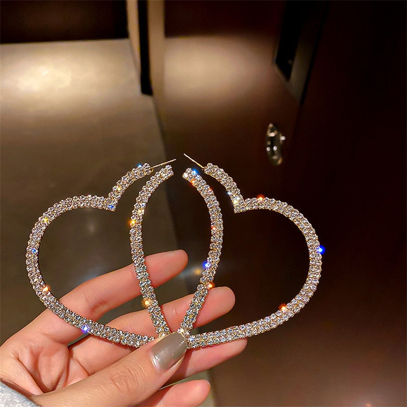 Fashion Big Heart Crystal Hoop Earrings for Women Bijoux Geometric Rhinestones Earrings Statement Jewelry Gifts
