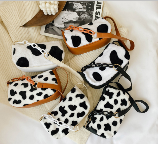 Cow Milk Print Handbag Totes Women Plush PU Leather Chain
