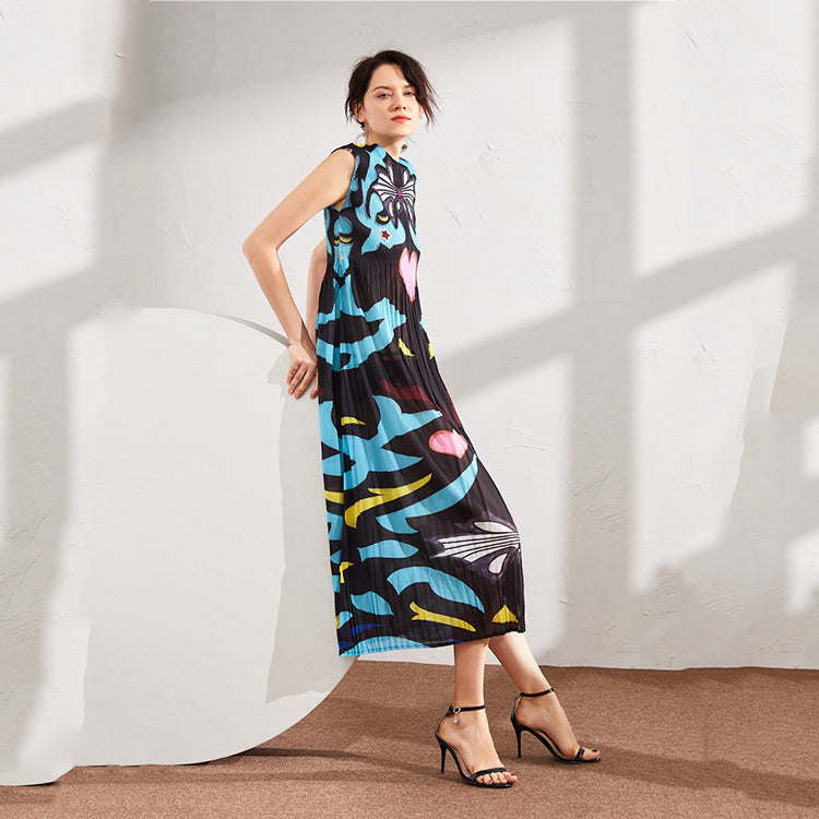 Summer Pleated Printing Dress for Women Round Neck Short Sleeve High Waist Casual Female Elegant Dresses