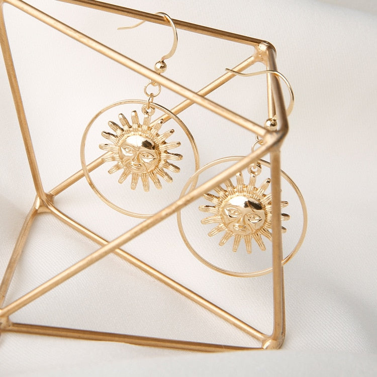 Handmade Gold Sun Apollo Helios Drop Earrings Geometric Loop Sun Face Dangle Earrings for Women