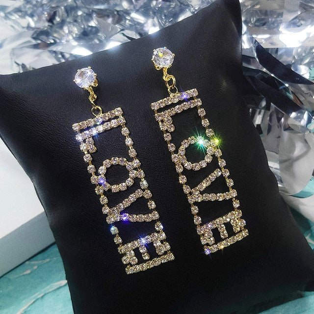 LOVE Letter Big Crystal Drop Earrings Gold Silver Color Rhinestone Dangle Earrings for Women Wedding Party Jewelry
