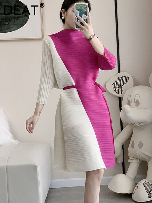 Women Pleated Dress Contrast Color Hlaf High Collar With Belt Loose Elagant Midi Dresses