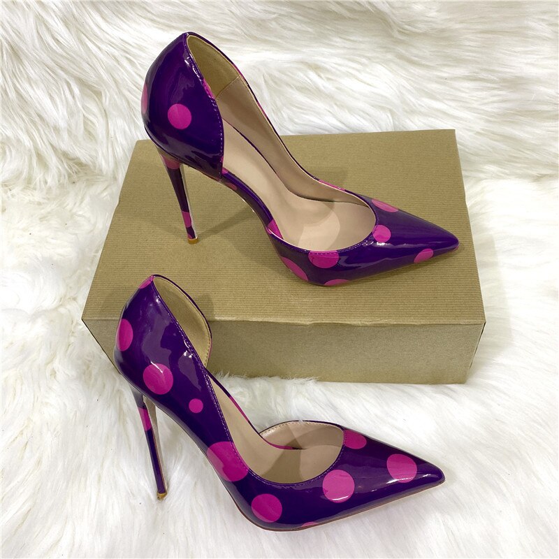 Fuchsia Polka Dot Women Purple Patent D'Orsay Pointy Toe High Heel Party Wedding Shoes Elegant Stiletto Pumps 8-12cm