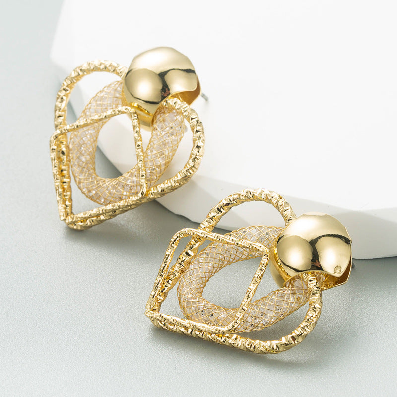 Personalized Design Geometric Mesh Pocket Rhinestone Series Earrings Women's Alloy Diamond Trend All-Match Earrings