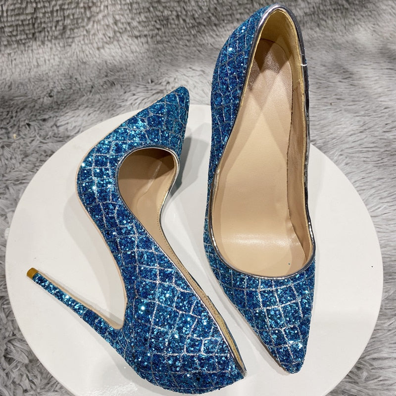 Glitter Sequins Crocodile Effect Women Pointy Toe High Heel Party Shoes Gorgeous Ladies Slip On Stiletto Pumps