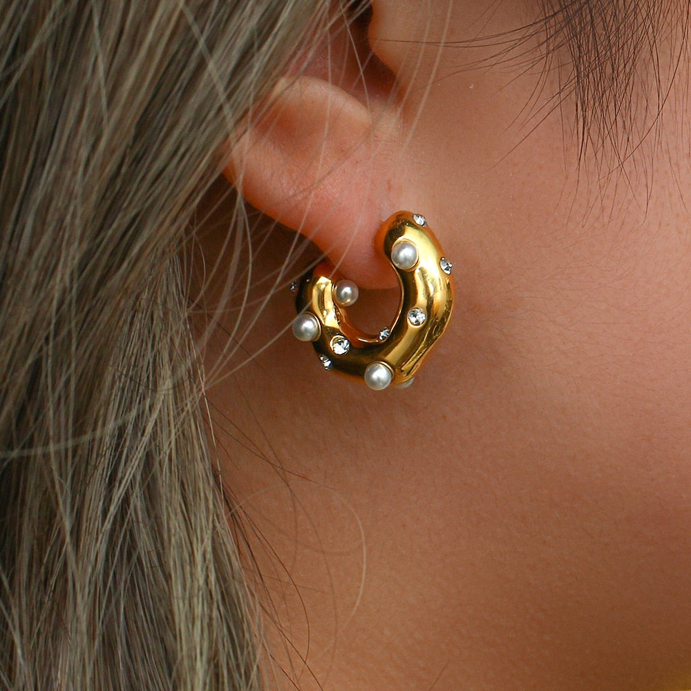 New Chunky Stainless Steel Gold Plated Earrings For Women Irregular Pearl Zircon Paved Thick Statement Earring Jewelry