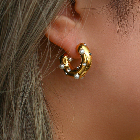 New Chunky Stainless Steel Gold Plated Earrings For Women Irregular Pearl Zircon Paved Thick Statement Earring Jewelry