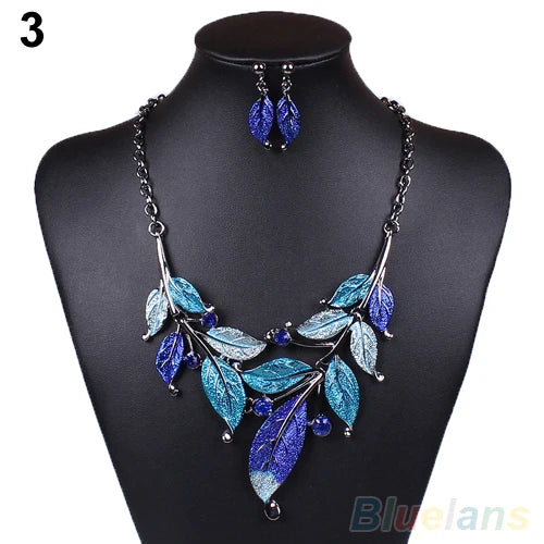 Classic Colorful Leaf Rhinestone Alloy Drop Necklace Earrings Jewelry