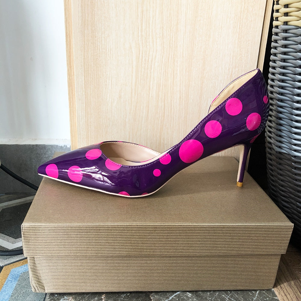 Fuchsia Polka Dot Women Purple Patent D'Orsay Pointy Toe High Heel Party Wedding Shoes Elegant Stiletto Pumps 8-12cm