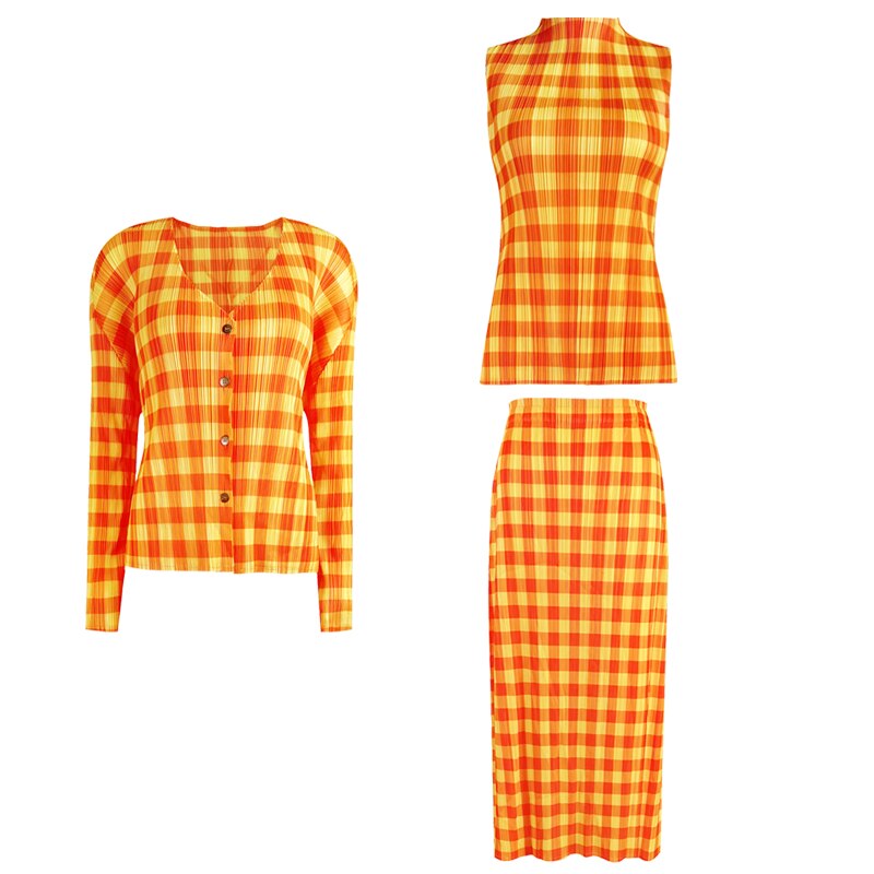 Pleated Orange Plaid Cropped Blazer Sets Winter Women 3 Piece Skirt Suits Elegant Aesthetic Clothes