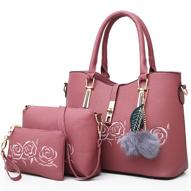3pcs Leather Rose Bags Handbags Women Famous Brand Shoulder Bag Female Casual Tote Women Messenger Bag Set Bolsas