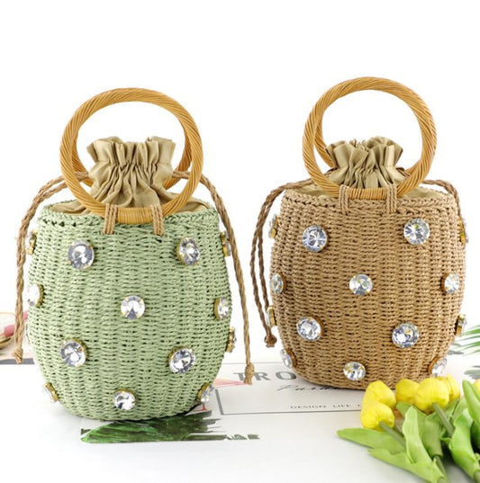 Handmade Rhinestone Crystal Embellished Straw Bag Small Straw Bucket Bags Lady Travel Purses and Handbags
