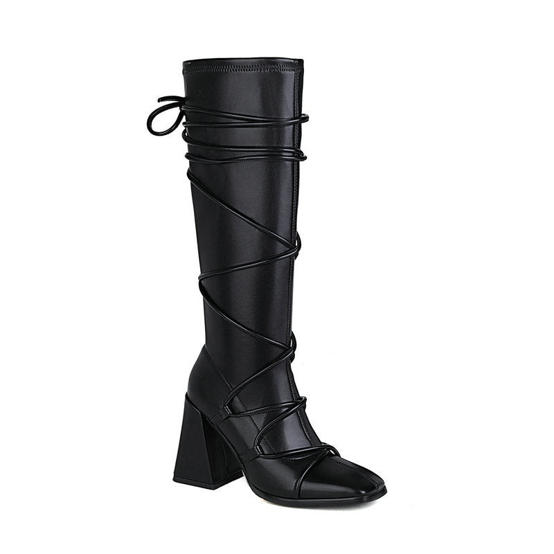 Ladies Black High Heels Stretch Knee High Boots Women Autumn Winter Punk Style Long Boots Shoes