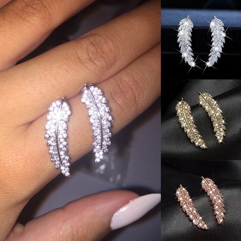 Huitan Luxury Leaf Shape Women Earrings Micro Paved CZ Stone 3 Color Available Birthday Gift Earrings For Girl Fashion Jewelry