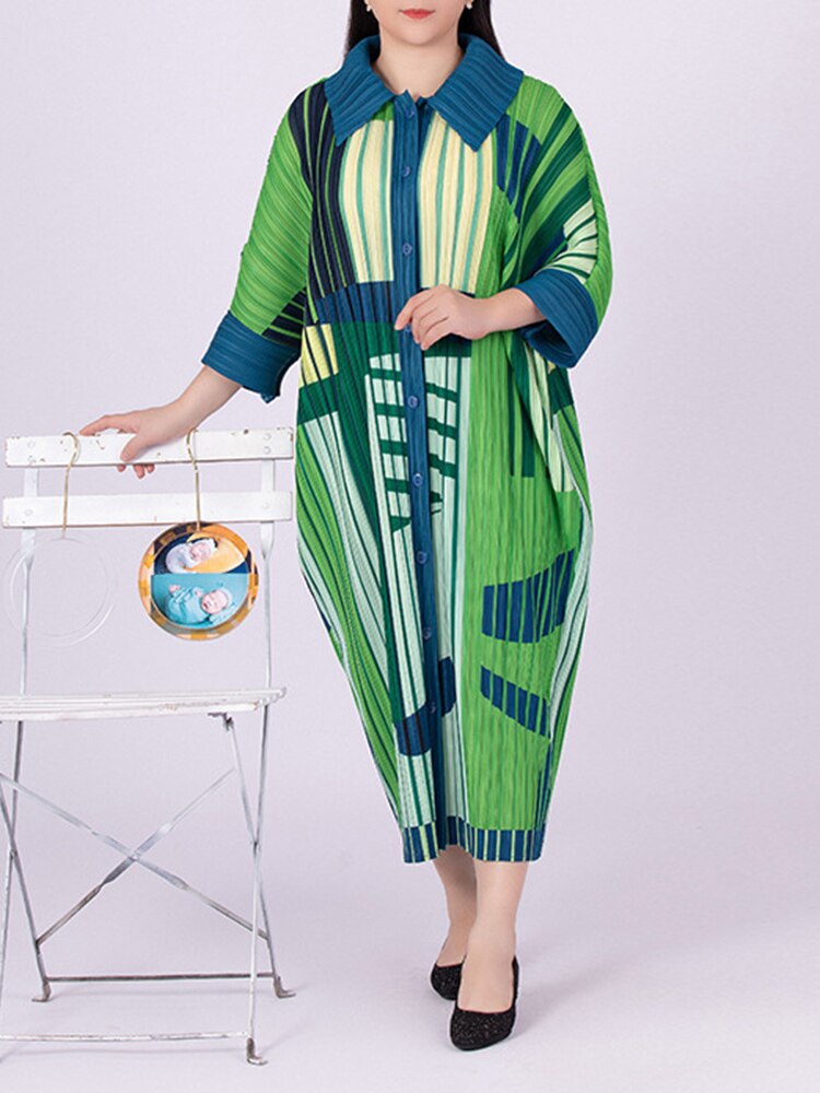 Batwing Sleeve Pleated Dress For Women Single Breasted Contrast Color Dresses Lady Clothes