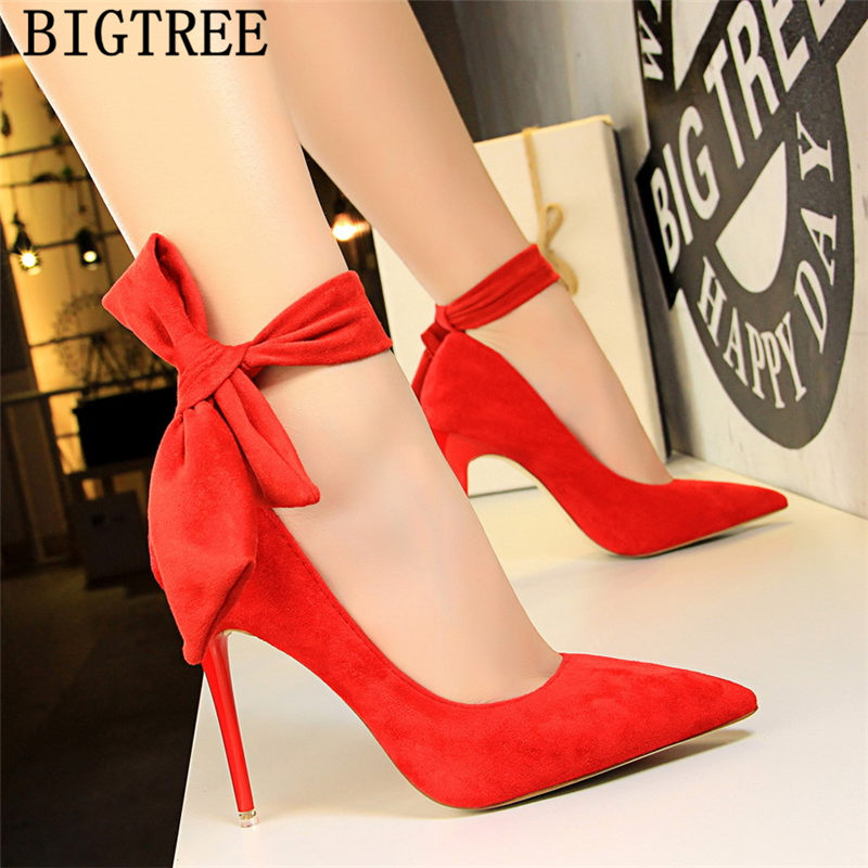 dress shoes women stiletto moccasin bigtree shoes Butterfly knot new arrival 2019 green shoes for women luxury high heels buty