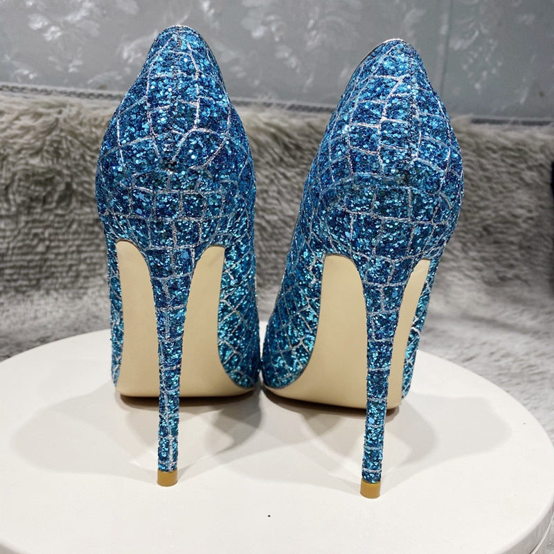 Glitter Sequins Crocodile Effect Women Pointy Toe High Heel Party Shoes Gorgeous Ladies Slip On Stiletto Pumps