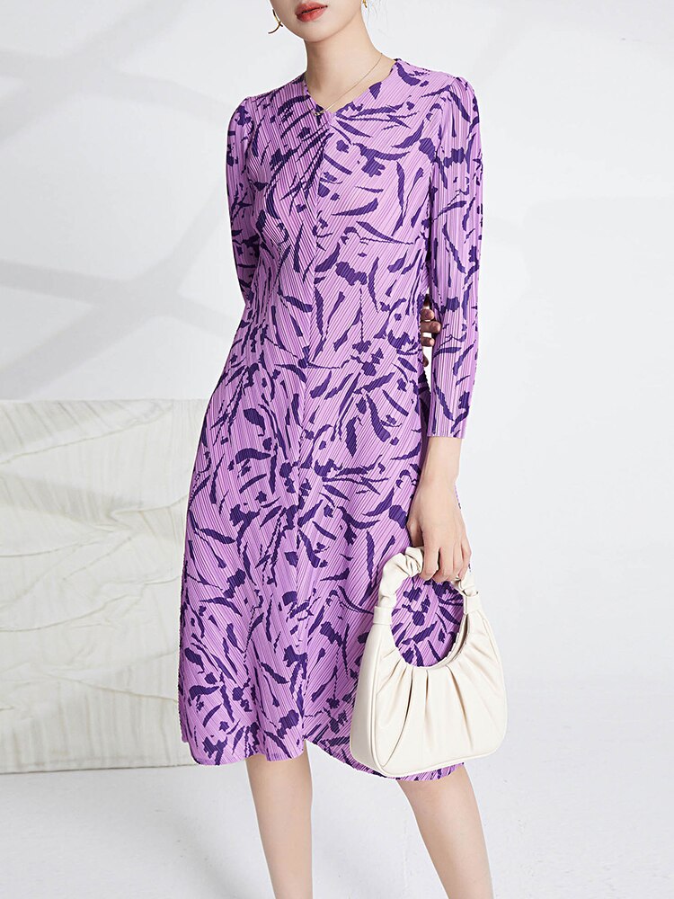 Printed Pleated Dress For Women V-neck Long Sleeves Spliced A-line Dresses Female Clothing