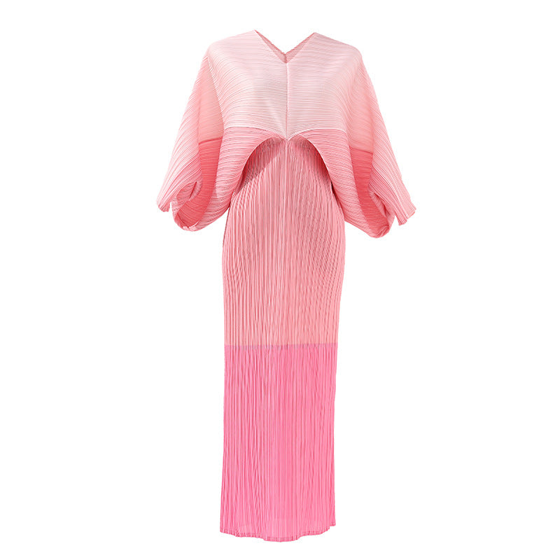 Elegant Pleated Dress For Women V-neck Batwing Sleeves Contrast Color Patchwork Dresses Female Clothes