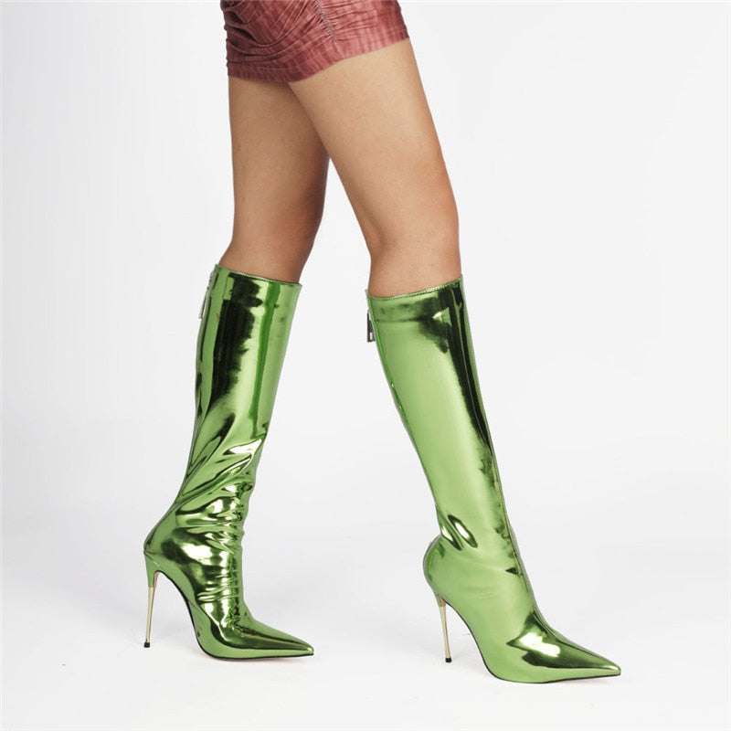 Classics Women High Heel Boots Patent Leather Back Zipper Square Toe Plush In Shoes Punk Style Knee-length Boots Female
