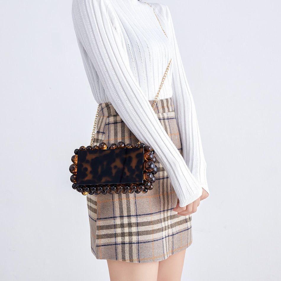 Women Clear Acrylic Box Evening Clutch Bags For Wedding Party Luxury Gold Foil Beads Purses And Handbags Designer High Quality