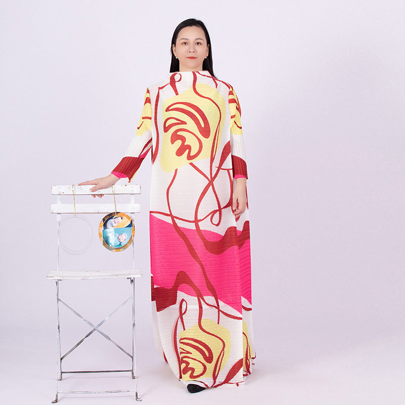 Graffiti Print Pleated Dress Women's Stand Collar Long Sleeves Loose Dresses Fashion Female Clothes